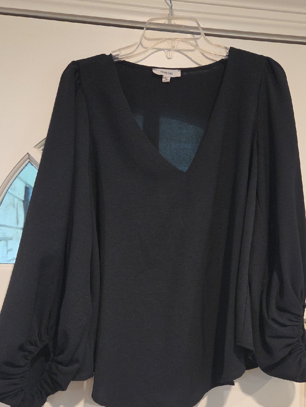 Black V-Neck Balloon Sleeve Blouse